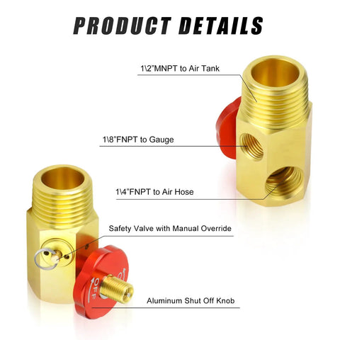 Heavy Duty Air Tank Repair Kit featuring solid aluminum and brass valves with a safety shut-off knob.