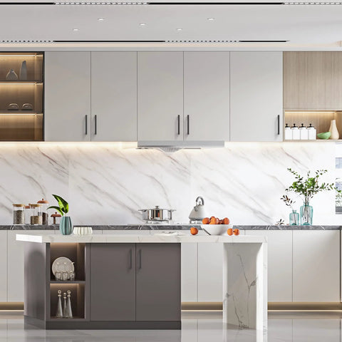 Modern kitchen with 10 Pack Matte Black 5 Inch Cabinet Handles 128mm Stainless Steel Cupboard Drawer Pulls For Kitchen Cabinets.