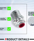 Close-up of a 20 Pack Snap In Mc Cable Connector showing UL safety certification and steel material details.