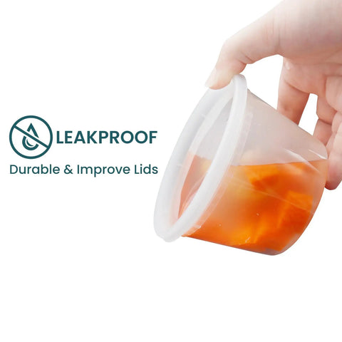 Hand holding a Straight Up Solid 16 Oz Deli Container with lid, showcasing leakproof design and liquid inside.
