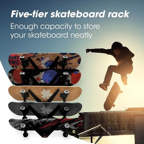 Five Tier Skateboard Wall Mount Rack With Rustic Wood And Black Steel Hooks For Tight Garages holds five colorful longboards securely.