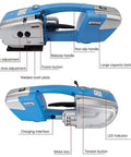 Easy Grip Cordless Electric Strapping Machine Automatic Hot Seal Pallet Bundler Battery Powered For 13 To 16 Mm PP PET Tape, features labeled for adjustments and battery.