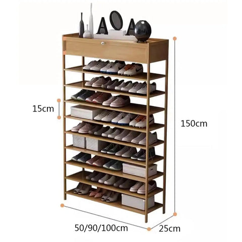 Real Game Changer Stackable Shoe Rack Organizer Vertical Ten Tier Tower With Top Compartment Sturdy Narrow Shoe Storage For Tiny Foyers Built Tough Entryway MVP Solution with shoes inside.