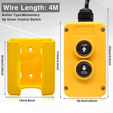 Front view of Taiss 4-Wire Dump Trailer remote switch; yellow housing with UP and DN pushbuttons and mounting bracket