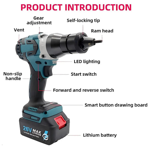 Cordless rivet gun showing gear adjustment, LED lighting, non-slip handle, and 26V battery for easy auto repairs.