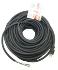 Badass 100 Foot 14 Awg Sjo Extension Cord With Nema 5-15P Plug, rolled black rubber power cable, suitable for workshop and outdoor use.