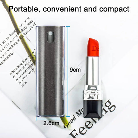 Dimensions of a lipstick case next to a lipstick on a book page showing size for 2 In 1 Screen Cleaner Kit With Mist Spray And Refill