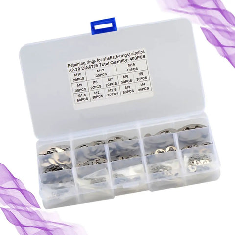 Stainless Steel E Shaped Retaining Ring Kit 400 Pieces Anti Rust Snap Rings Set M1.5 to M15 organized in labeled plastic box
