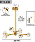 Brass Sputnik Crystal Ball Ceiling Light, Semi Flush Mount, Adjustable Rod 6 To 54 Inches, 22 Inch Diameter, Polished Gold Finish