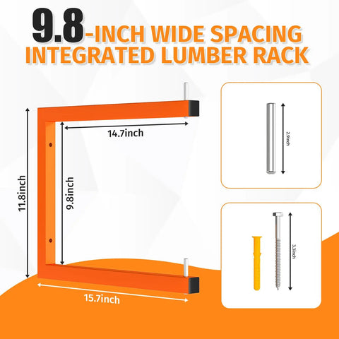 Heavy Duty 6 Tier Wall Mount Lumber Storage Rack Badass Steel Wood Rack showing 9.8-inch dimensions for garage organization.