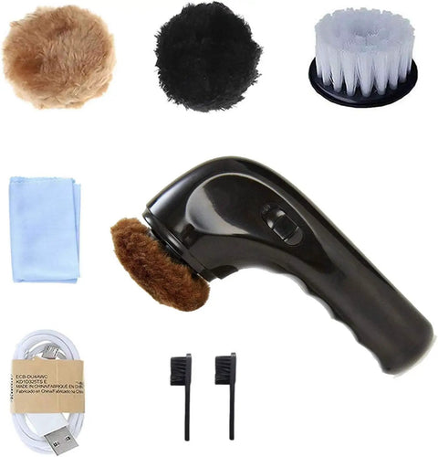 Cordless Electric Shoe Polisher Portable Leather Care Brush Kit components including brush heads and cleaning cloth.