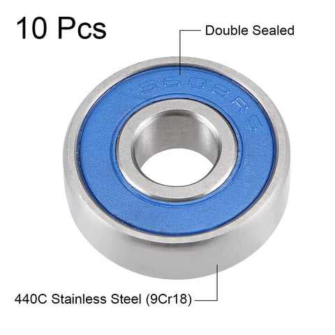 Rock Solid S608-2RS Deep Groove Ball Bearings 8mm X 22mm X 7mm Double Sealed 440C Stainless Steel 10pcs close-up view.