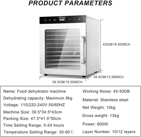 Heavy Duty 1000W Commercial Food Dehydrator With Ten Slick Stainless Trays Electric Jerky Dryer, front view with digital display.