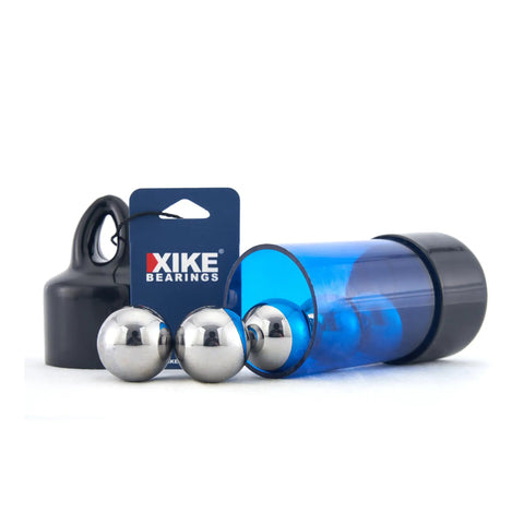 Premium G16 Chrome Steel Bearing Balls One Millimeter Precision Loose Ball Set Five Pack beside a blue container and tag.