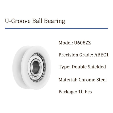 Kickass 10 Pack Nylon U Groove Ball Bearings With Solid Chrome Steel Core Fits 8 Millimeter Shafts, U608ZZ model with double shielded design.