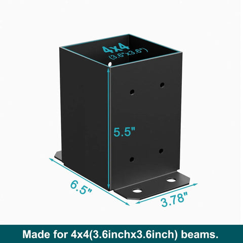 4x4 Post Base Bracket Set For Wood Posts 3.6x3.6 Inch Inner Size, black Q235 steel bracket with base plate dimensions visible