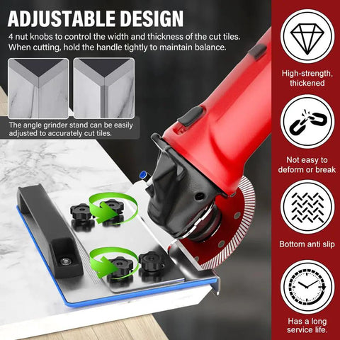 Adjustable Tile Cutter Chamfering Tool for Angle Grinder with 45 Degree Bevel, shown cutting tile with universal stand.