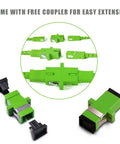 Heavy Duty Armored Single Mode Fiber Optic Patch Cable SC APC To SC APC Connectors For ATT Fios Modem Router 50FT LSZH White Jacket Gobs Of Bandwidth Smooth Transfer with adapters showing green connectors and couplers.