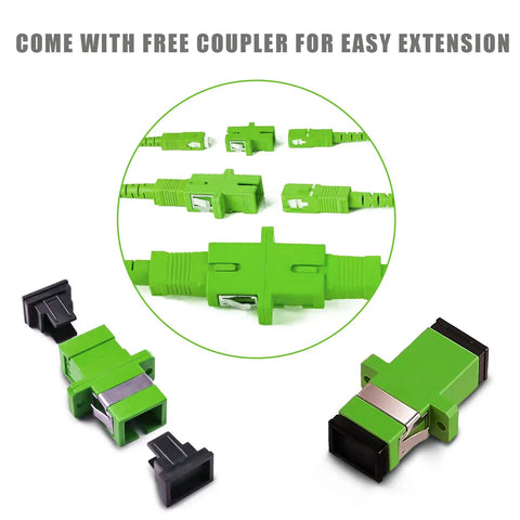 Heavy Duty Armored Single Mode Fiber Optic Patch Cable SC APC To SC APC Connectors For ATT Fios Modem Router 50FT LSZH White Jacket Gobs Of Bandwidth Smooth Transfer with adapters showing green connectors and couplers.