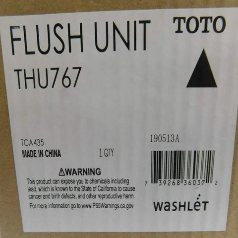 Box label of Auto Flush Unit Type C Single Flush 1.28 GPF Flush Kit detailing product code and warning information