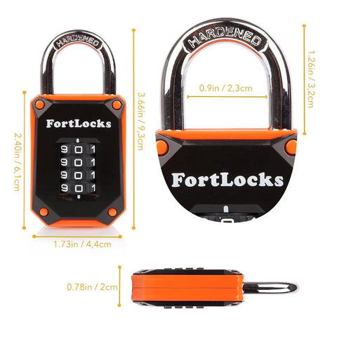 Orange 2 Pack 4-Digit Combination Pad Locks Heavy Duty Waterproof Resettable Security Latches with size dimensions shown
