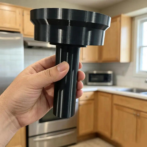 Professional Smoke Detector Removal Tool With A Slick Pole Attachment Gripper In Red, held in hand, kitchen background.