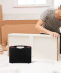 Go Anywhere Plastic Tool Box Organizer With Tight Seal Lid And Balanced Handle for DIY repairs beside a man assembling furniture.