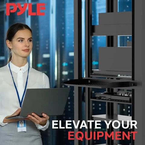 Premium Heavy Duty 1U Server Rack Shelves 19 Inch Vented Network Mounting Trays 8 Pack, woman with laptop beside shelves in server room.