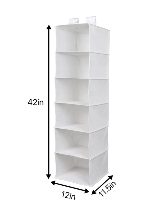 Rock Solid Six Shelf Hanging Closet Organizer With Dividers In Clean White Non Woven Fabric, dimensions 42in x 12in x 11.5in.