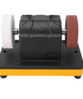 Hustle Ready Cordless Mini Bench Grinder featuring dual 3 inch grinding wheels, compact design with copper motor for sharpening tasks.