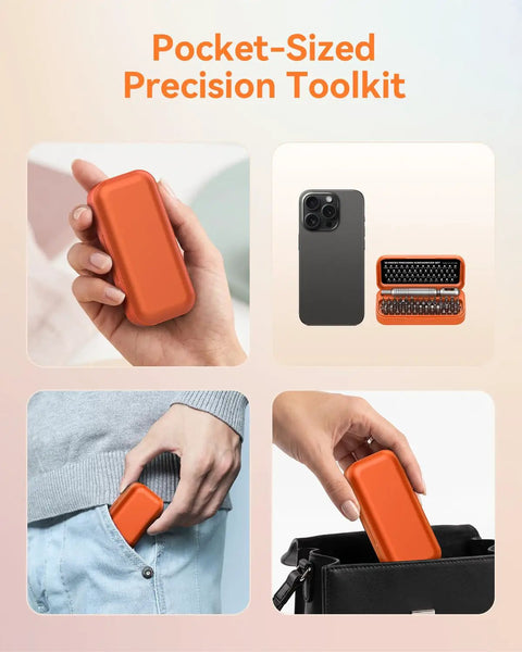 Knockout Precision Screwdriver Set Features Fifty Five Mini Bits Including Phillips Torx And Pentalobe For Phones Laptops Controllers Drones Eyewear And Electronics Plus A Slick Pocket Ready Storage Case You Can Easily Toss In Any Bag in a pocket-sized orange storage case.