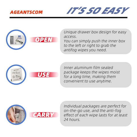 ageantscom Anti-Fog Lens Wipes for Glasses 100-pack, individually wrapped; infographic showing open, use, carry steps.