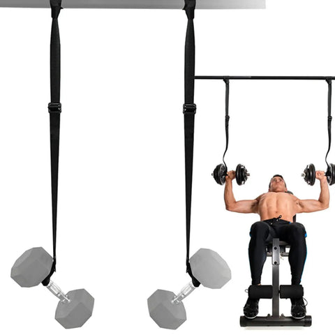 Heavy Duty Dumbbell Spotter Straps 2 Pack Adjustable Safety Belts with Tough Nylon Webbing in use during bench press.