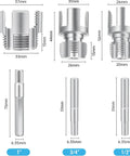 Diagram of Three Piece PVC Pipe Thread Cutter and Threading Tool Set for 1/2, 3/4, 1 inch sizes. Compatible with electric drills.