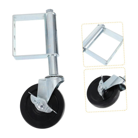Heavy Duty Spring Loaded Fence Gate Wheel Rig With Telescopic Support And Swivel Caster showing black wheel and metal mount.