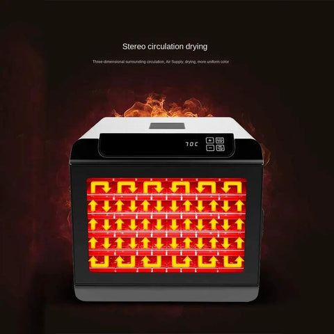Heavy Duty Six Layer Electric Food Dehydrator For Fresh Fruits Veggies Beef Jerky And Homemade Pet Snacks Featuring Quiet Motor And Fast Dry Modes with illuminated drying trays and control panel.