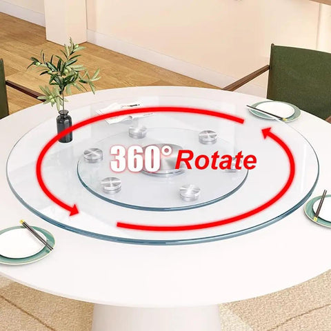 Heavy Duty Tempered Glass Lazy Susan Serving Platter With A Slick Spinning Design And Rock Solid Construction Perfect For Kitchen Tables And Dinner Parties on a round table showing 360° rotation.