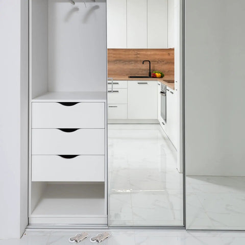 8 Piece Double Wheel Replacement Door Runners For Sliding Windows And Wardrobes Heavy Duty Pulleys installed in modern closet with white drawers.