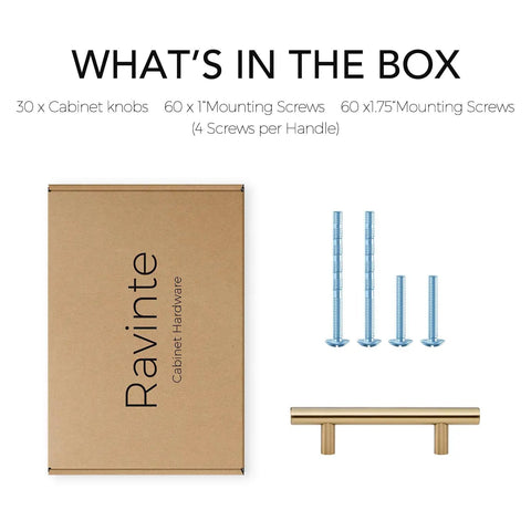 Five Inch Cabinet Handles With Three Inch Center To Center In Warm Champagne Bronze 30 Pack For Kitchen Drawers And Dressers Totally Plug And Play Room Refresh, includes screws and knobs.