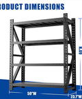Product dimensions of Tough As Nails Four Tier Heavy Duty Garage Shelving With Reinforced Steel Storage Rack, showcasing height and width.