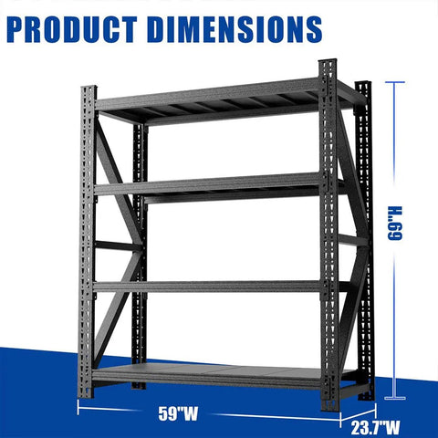 Product dimensions of Tough As Nails Four Tier Heavy Duty Garage Shelving With Reinforced Steel Storage Rack, showcasing height and width.