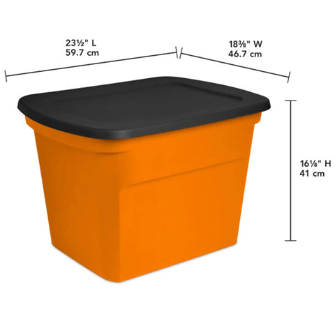 Eighteen Gallon Stackable Storage Totes With Snap Close Lids Heavy Duty Plastic Bins For Closet Organization Orange base with black lid dimensions