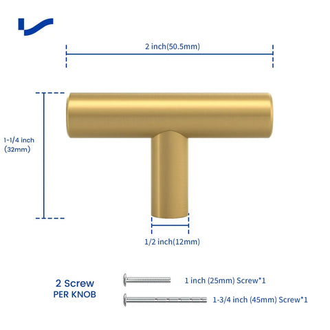 Premium Brushed Brass Cabinet Knobs 2 Inch Dresser Pulls Hardware Set 12 Pack shown with dimensions and screws included.