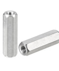 Top Shelf M4 Coupling Nuts With 0.7 Pitch And 25 Millimeter Length 5 Pack 304 Stainless Steel hex coupling nuts side view.