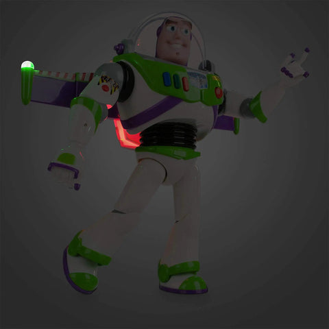 Totally Tubular Buzz Lightyear Interactive Talking Action Figure Featuring Eleven Authentic Voice Lines And Rad Wing Deployment With Pulsing Laser Beam For Next Level Playtime Fun, showcasing wings and lights.