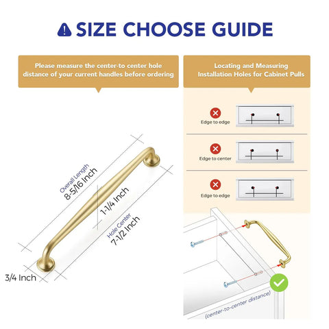 Top Tier Brushed Gold Cabinet Handles And Solid Metal Pulls For Kitchen Drawers 7 1 2 Inches Center To Center 10 Pack size guide with measurements