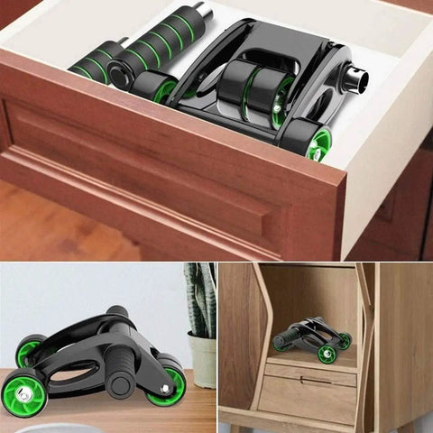 Smooth Roll Foldable Ab Wheel Designed For Serious Core Shreds And Rock Solid Motion Portable Fitness Tool stored in a wooden drawer.