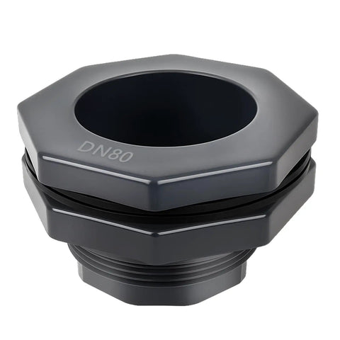 Heavy Duty Three Inch PVC Bulkhead Fitting Kit With Reinforced Seals for tanks, featuring a hexagonal design and internal female threads.