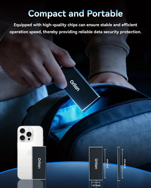 Person placing 500GB External Portable SSD USB 3.1 Gen 2 into bag, shown with dimensions, ideal for phone, Windows, Android, PC use.