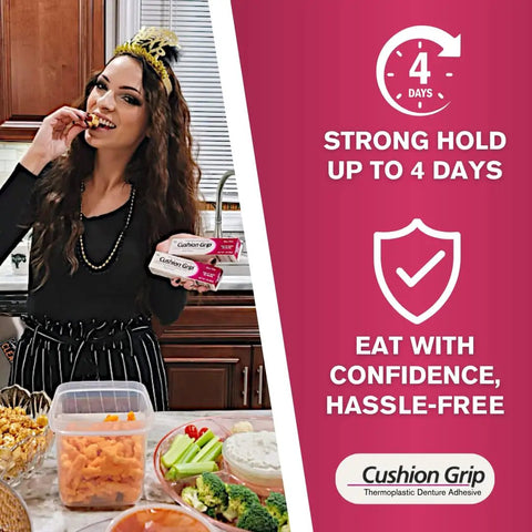 Woman holding Travel Size Denture Adhesive 0.35 Oz That Holds Loose Dentures For Up To Four Days in kitchen setting